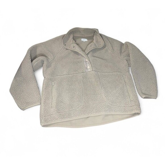 LOFT Lou & Grey Sherpa Pullover Button Up Tan pockets Fuzzy Relaxed Fit Medium - Picture 1 of 3